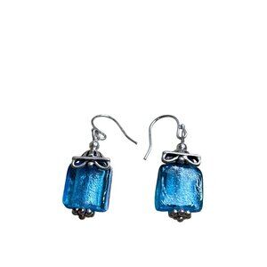 Blue Square Glass Bead Dangle Earrings Silvertone Hooks 0.75 inch